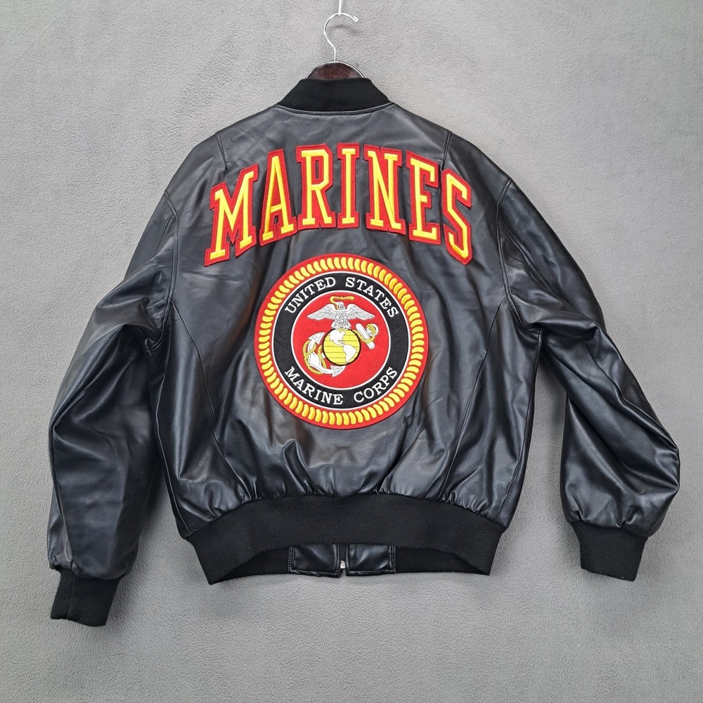 Michael Hoban US Marines Faux Leather Bomber Jacket Mens M Black USMC Patch